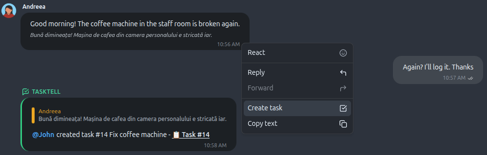 Chat conversation with a task being created from a message