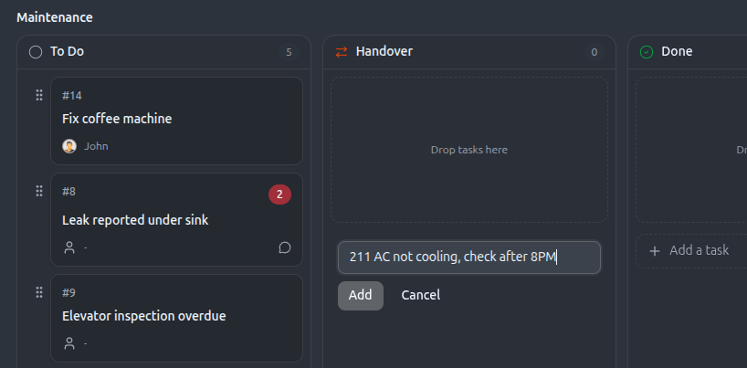 Shift handover screen showing open tasks from previous shift