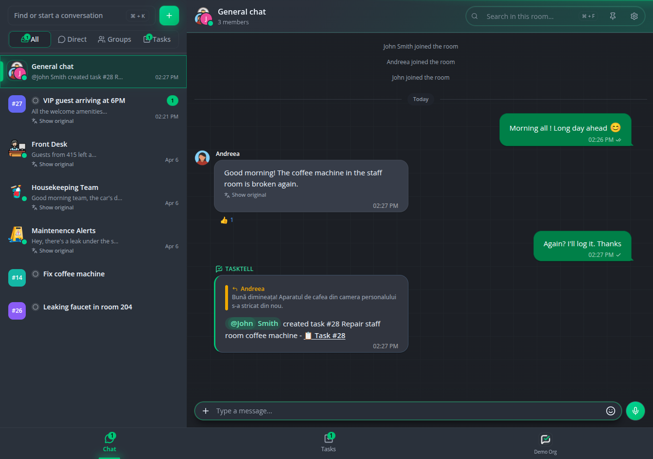 Tasktell app interface