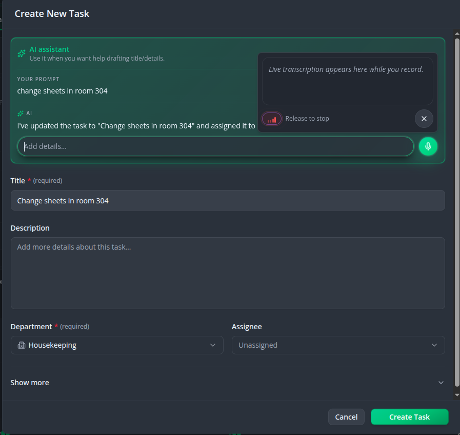 Voice message being transcribed and converted into a task automatically
